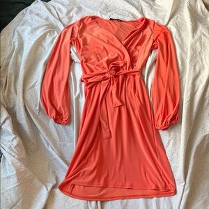 Vibrant Coral Long Sleeve Wrap Dress